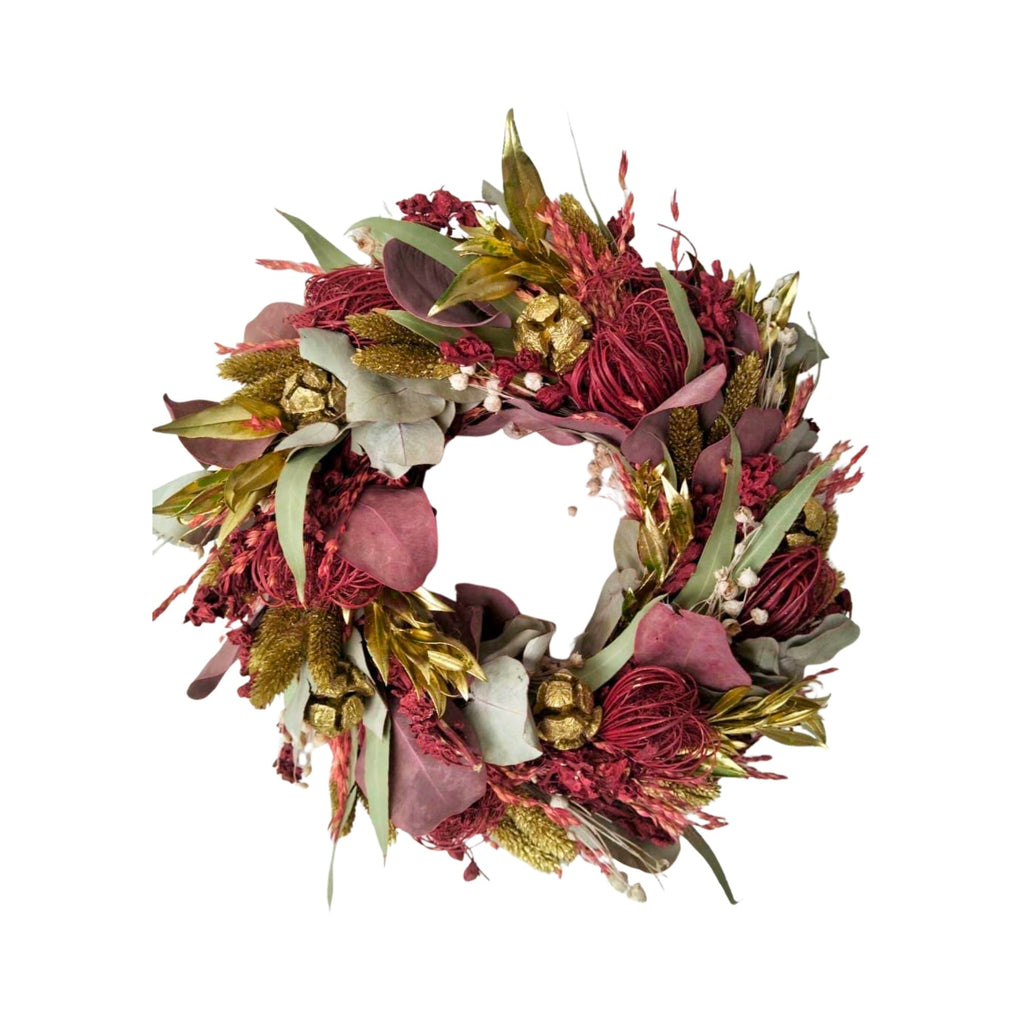 Krans Holly - droogbloemen - Rood/Groen/Goud - S