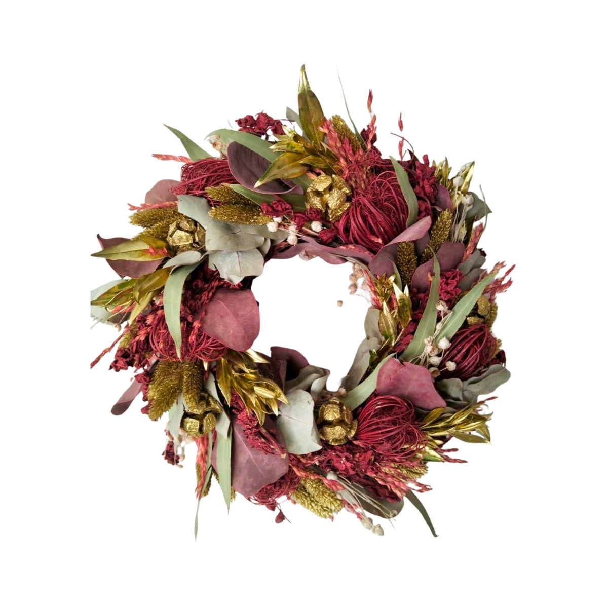 Krans Holly - droogbloemen - Rood/Groen/Goud - S
