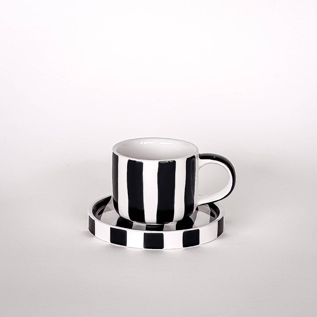 Espresso kop en schotel | Vulcano Black - zwart strepen (2-delige set)