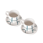 Vooraanzicht espresso kop en schotel in wit met groen raster op een witte achtergrond.