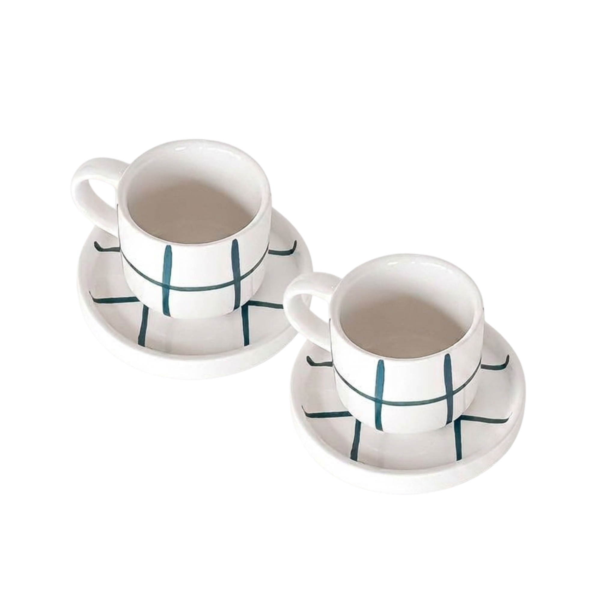 Vooraanzicht espresso kop en schotel in wit met groen raster op een witte achtergrond.