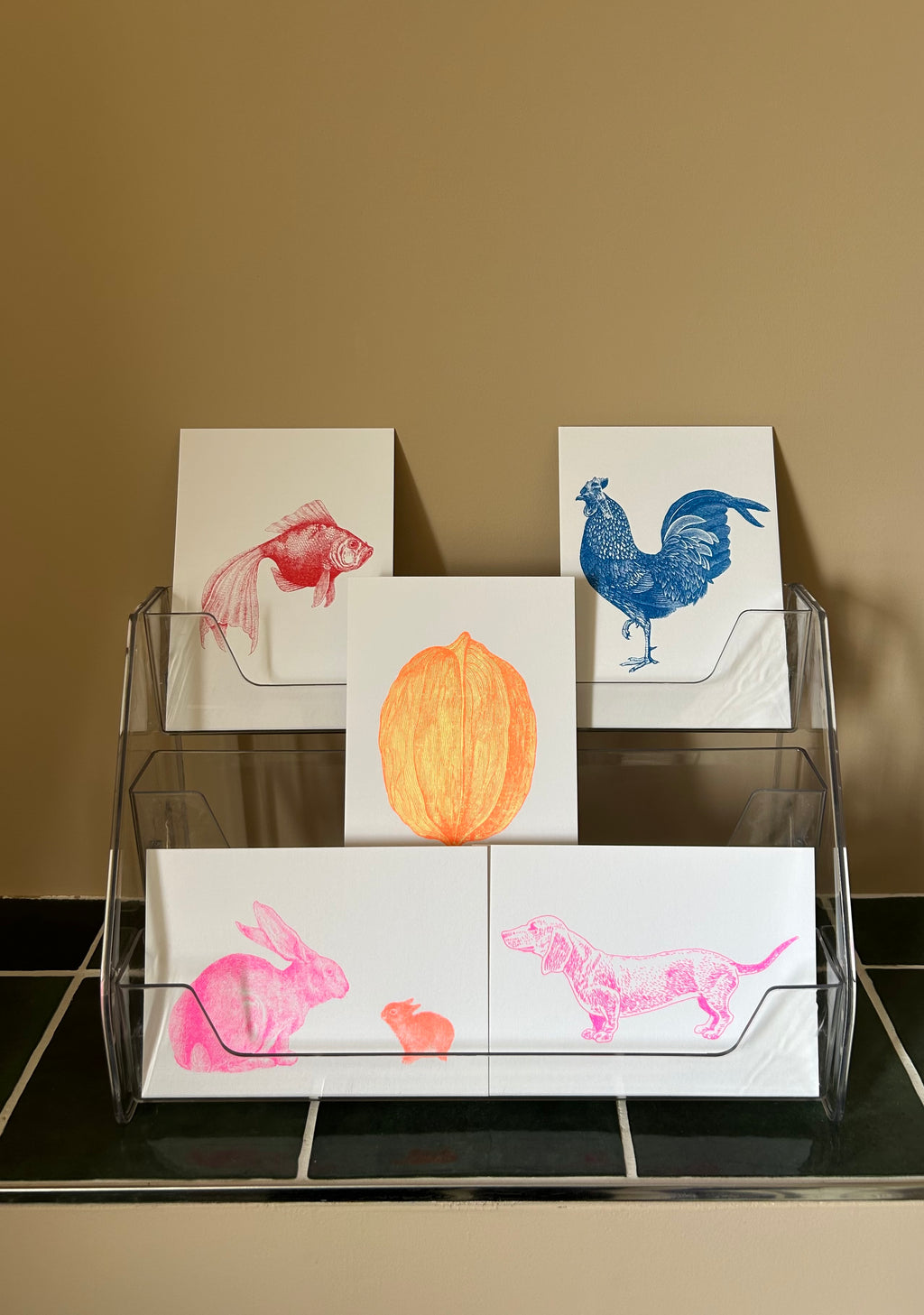 Set van 5 kaarten met grafische neonprinten met dieren op een beige achtergrond.