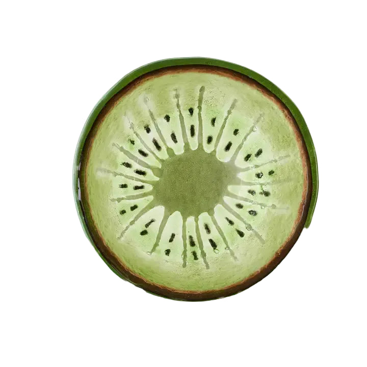 Bovenaanzicht glazen schaaltje in groen met kiwimotief op een witte achtergrond.