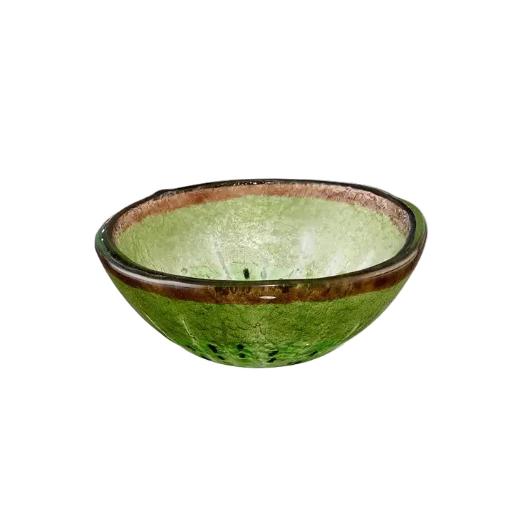 Vooraanzicht glazen schaaltje in groen met kiwimotief op een witte achtergrond.