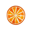 Bovenaanzicht glazen oranje schaaltje met sinaasappelpatroon op een witte achtergrond.