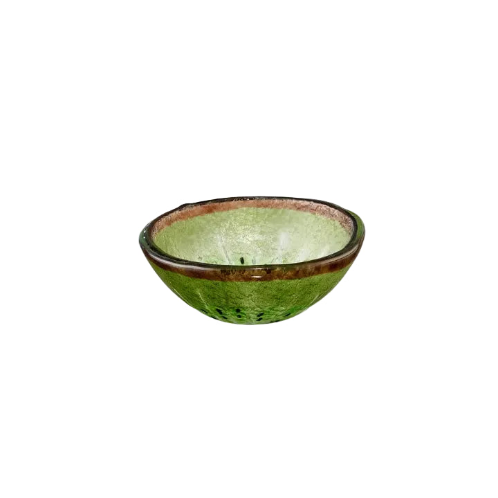 Vooraanzicht groen schaaltje van glas met kiwipatroon op een witte achtergrond.
