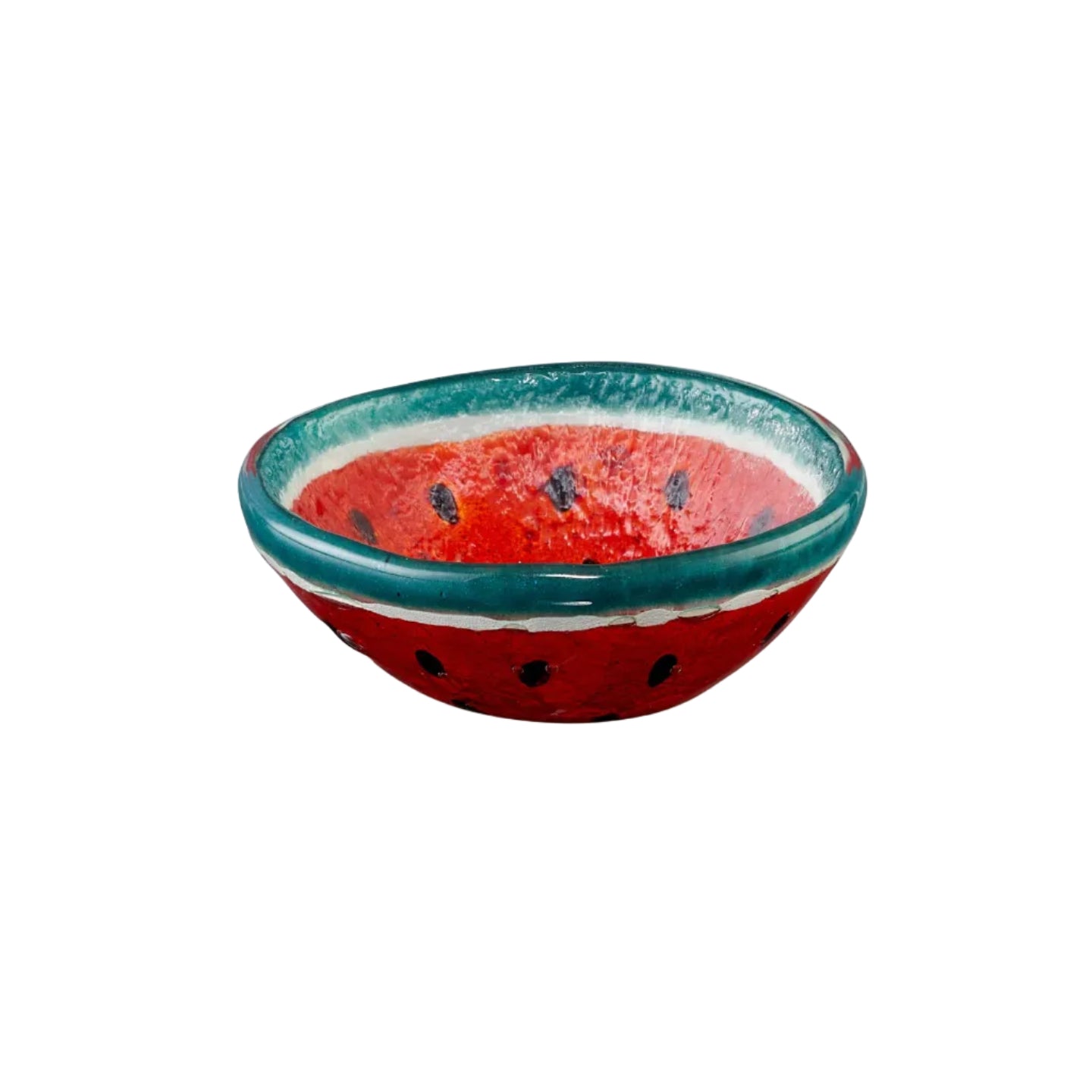 Vooraanzicht glazen schaaltje in rood en groen met watermeloenpatroon op een witte achtergrond.