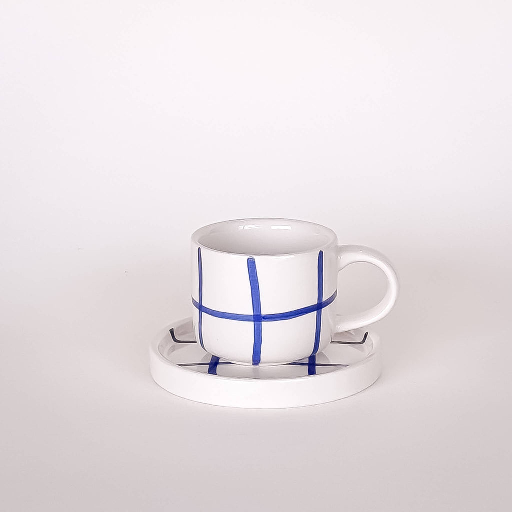 Espresso kop en schotel | Mare Blue - blauw raster (2-delige set)
